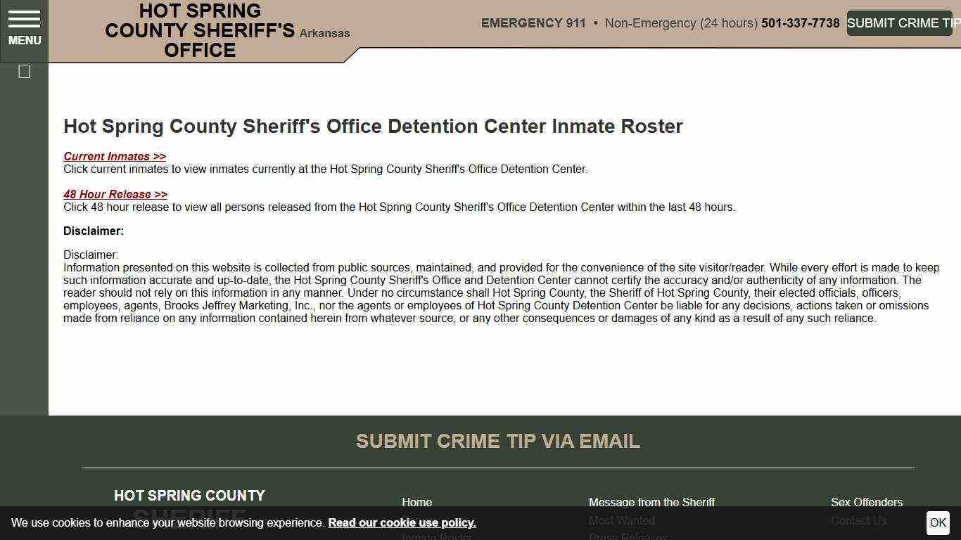 Inmate Roster Disclaimer | Hot Spring County Sheriff's Office